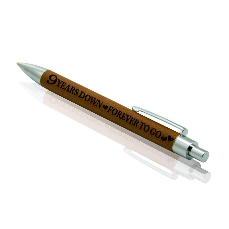 KATE POSH - 9 Years Down, Forever to Go Engraved Leather Pen, Our 9th Wedding Anniversary, 9 Years as Husband & Wife, Gifts for Her, Him & Couples, Rawhide - Image 2